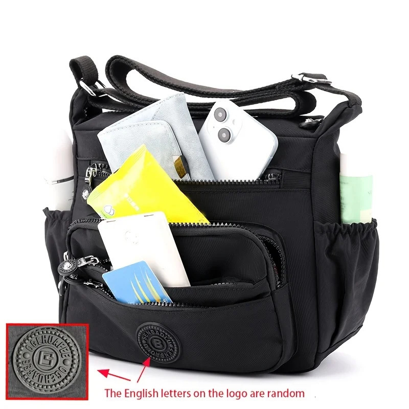 Lightweight Black Nylon Chic Crossbody Bag for Women Adjustable Strap MultiPocket n Travel Shopping School 251110