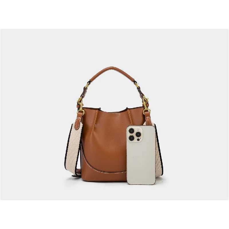 Spain 2025 new womens bag brown pleated drawstring versatile hand-held bucket bag wide shoulder strap diagonal cross bagT251110