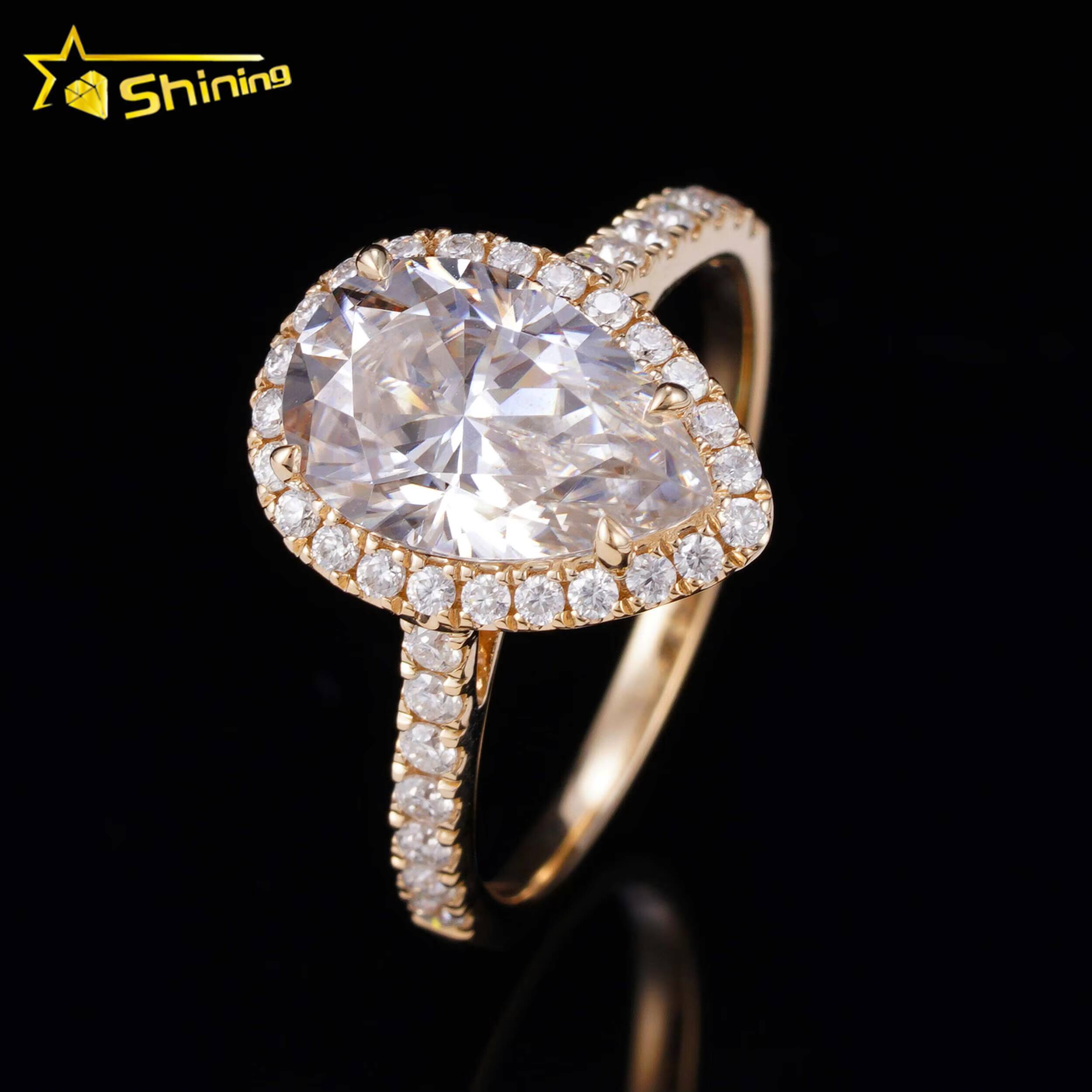 Shining Jewelry 14K Solid Gold 7x11MM 3CT Halo Pear Moissanite Engagement Ring Custom Women Fine Wedding Rings