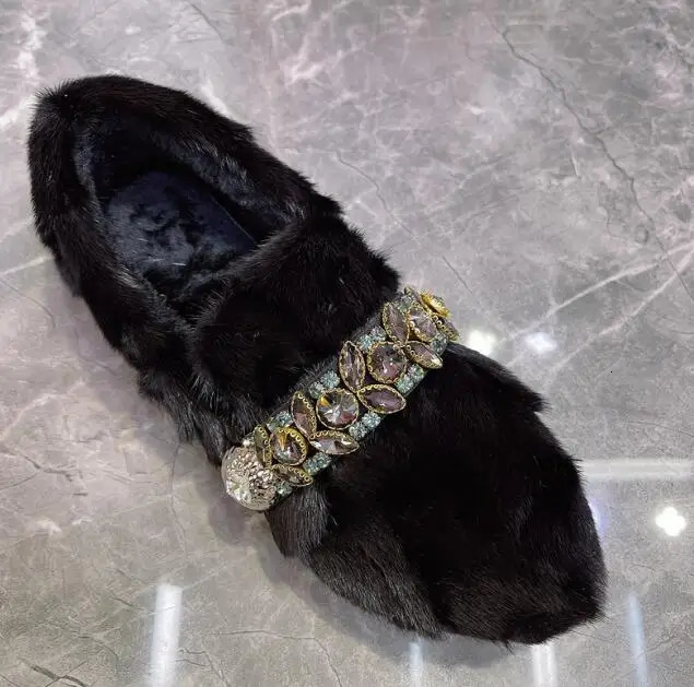 Winter Mink Fur Rhinestone Crystal Belt Flats Fur Shoes Slip On Full Fur Leisure Loafers Woman Warm Fur Shoes 251110