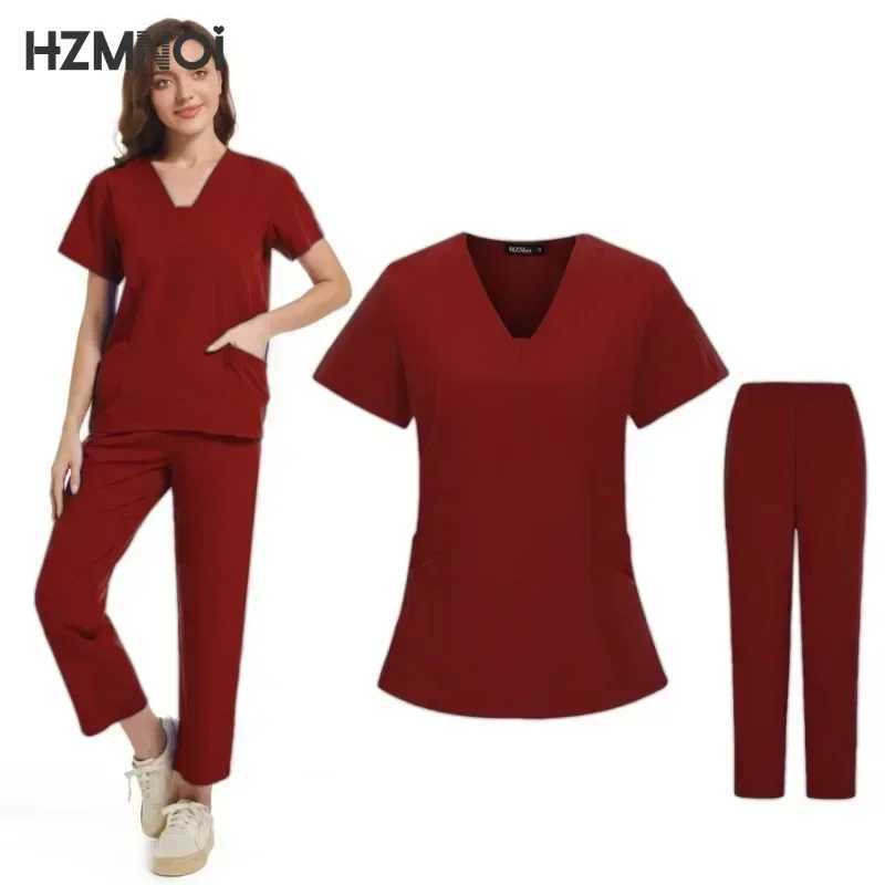New Scrubs Nurse Uniforms Short Slve V-neck Top+Straight Pants Women Multicolor Nursing Scrubs Set Pet Doctor Medical Workwear X250410