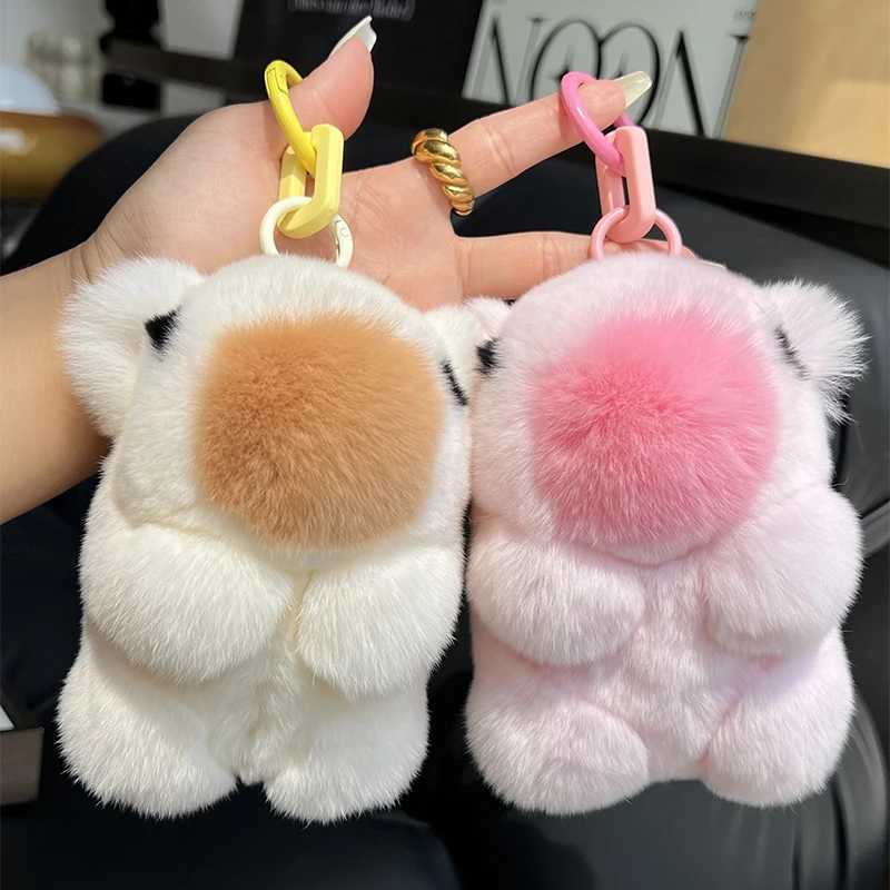 Luxury real Rex rabbit fur capybara Penant keychain cute female puppy bag car keyring charming decoration childrens jewelry pavilion gift W250411