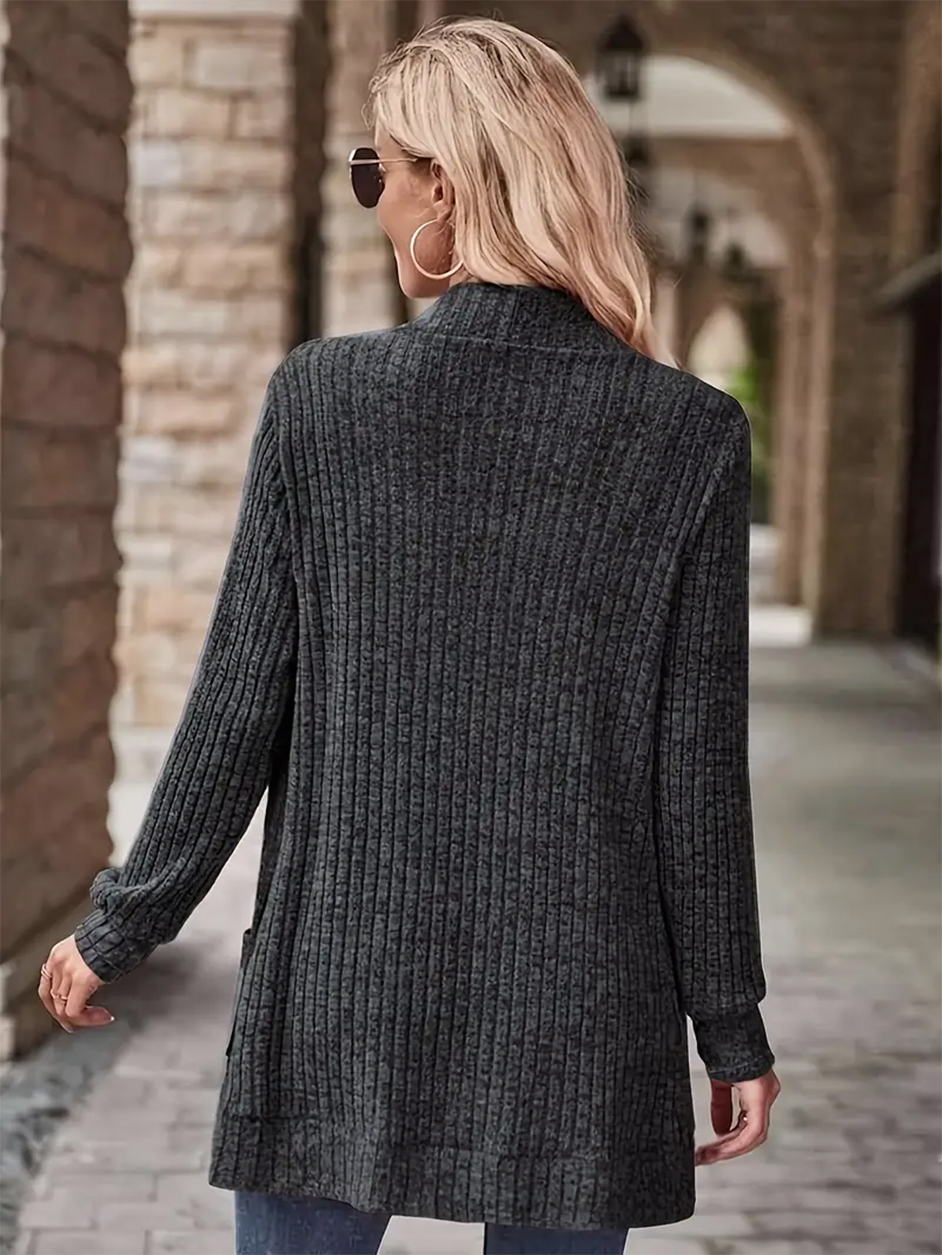 Women's Ribbed Knit Cardigan, Casual Fashion Open-Front Sweater Jacket, Long Sleeve with Pockets, Loose Fit for Daily Wear & Layering Outfits-T4