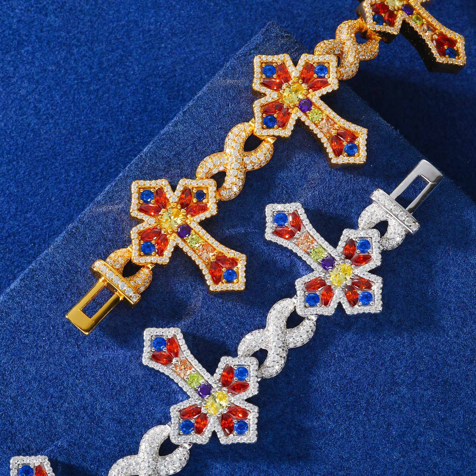 New Arrival Hip Hop Jewelry 26mm 925 Sterling Silver VVS Moissanite Colorful Moissanite Infinity Candy Cross Link Bracelet for Men