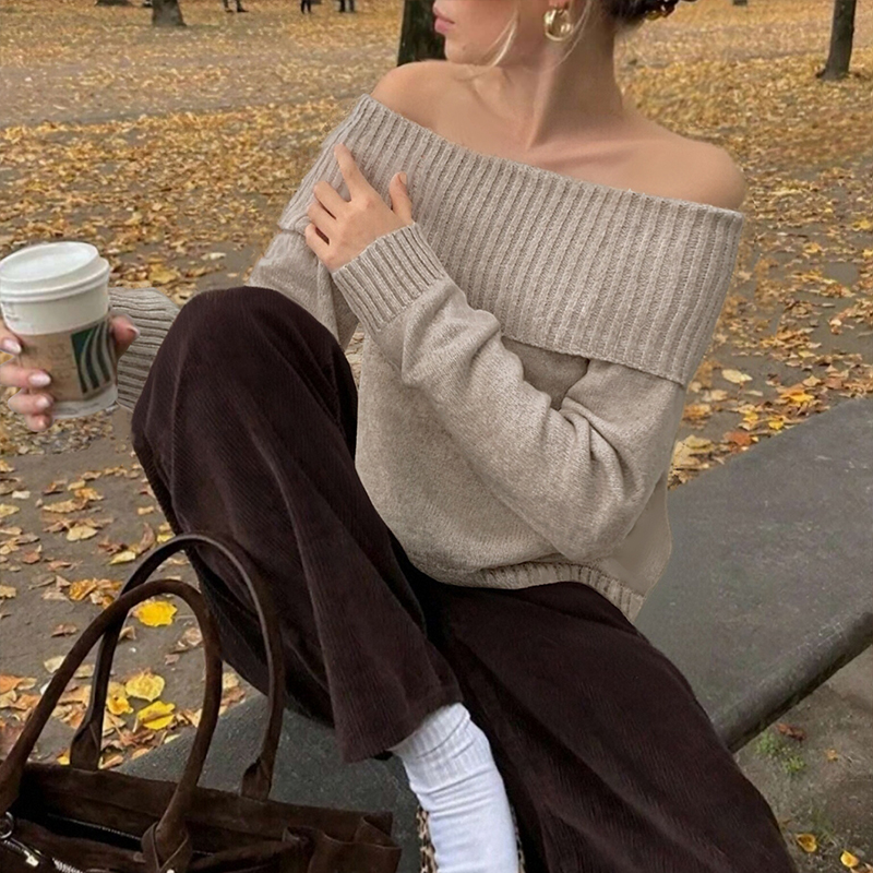 Women's solid-color tops, one-shoulder long-sleeved sweaters, fashionable and popular sweaters, romantic and casual,women's outwear tops---T