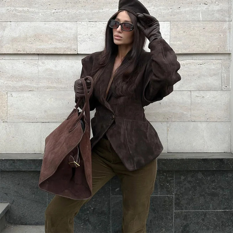 Fashion Dark Color Suede Fabric Stand Up Collar Jacket Women Causal Waist Cinched Broad Shoulder Coat Autumn High Street Outwear 251106