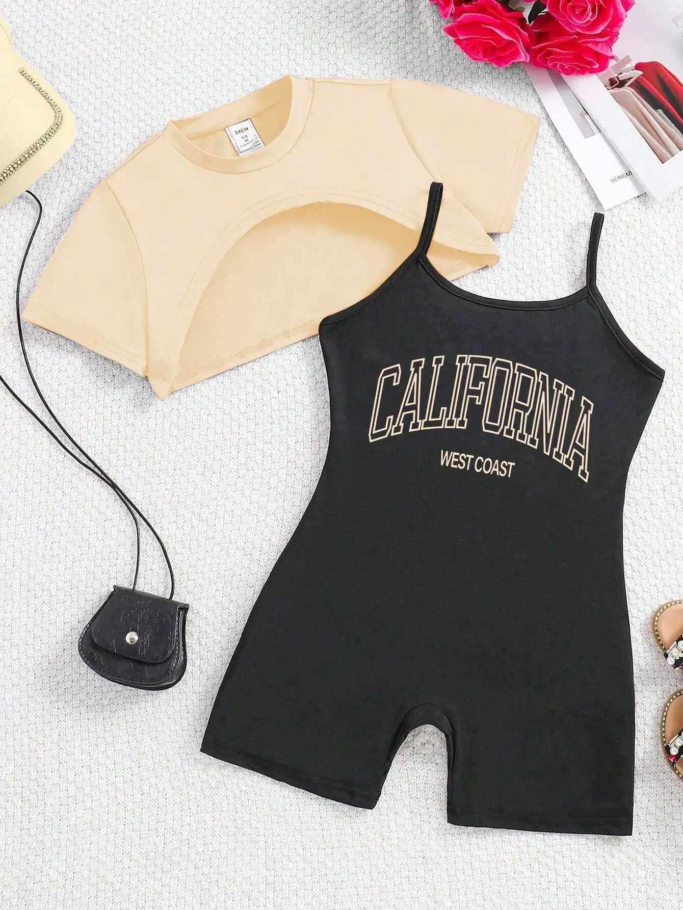 New summer street fashion two-piece set for girls aged 8-12+slim fitting jumpsuit+short sleeved sexy backless design T-shirt topXJ250410
