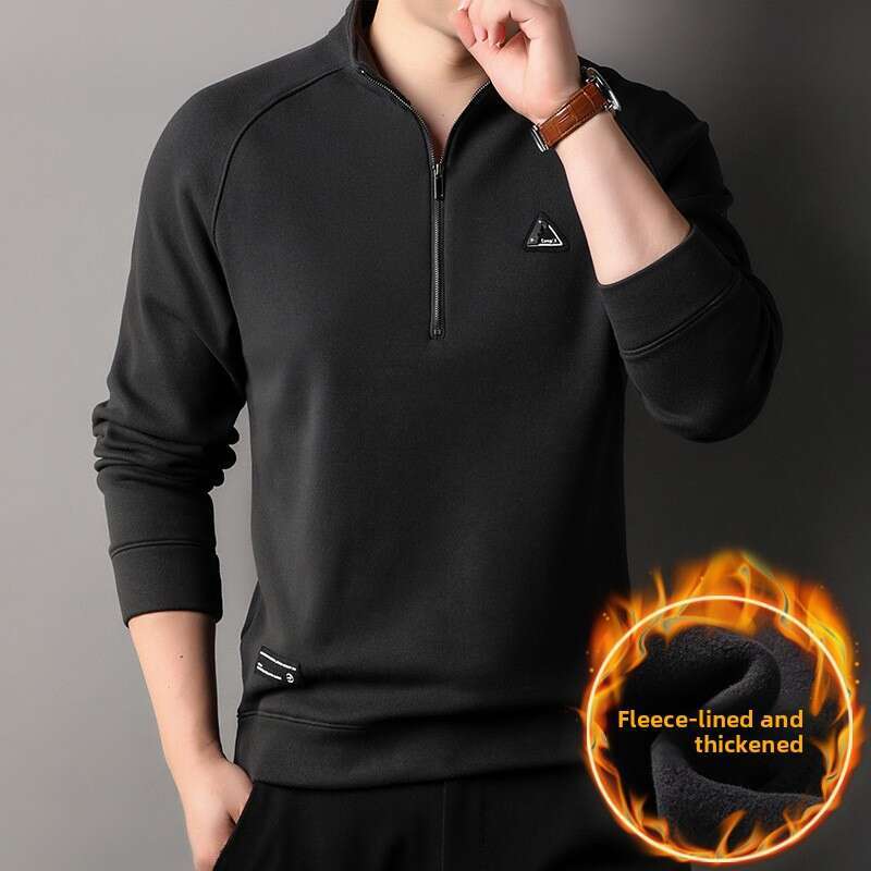 Solid Color Half-Zip Stand Collar Long Sleeve Sweatshirt For Men, Autumn And Winter Trendy Fleece Lined Thickened Casual Base Shirt Top Wholesale