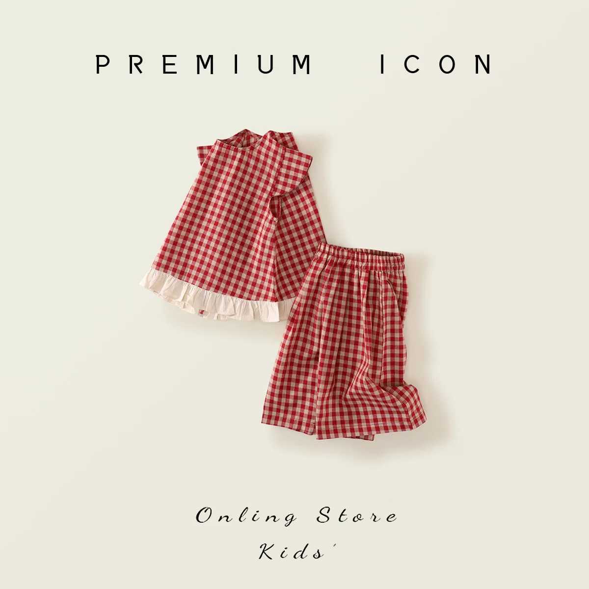 Summer Childrens Baby Girl 2PCS Clothing Set Cotton Fly Sleeve Red Grid T-shirt Set Loose Waist Shorts Set Childrens Girl SetXJ250410