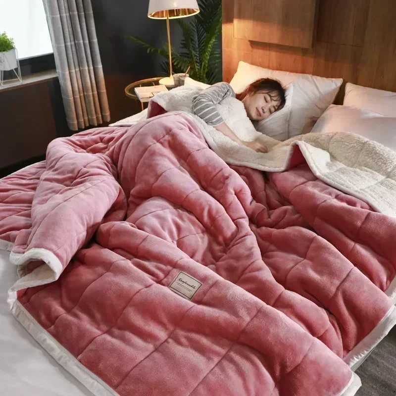 Coral Fleece Autumn Winter Warm Blankets for Bed 3 Layers Thicken Flannel Blanket Quilt Soft Comfortable Warmth Quilts Washable C251111