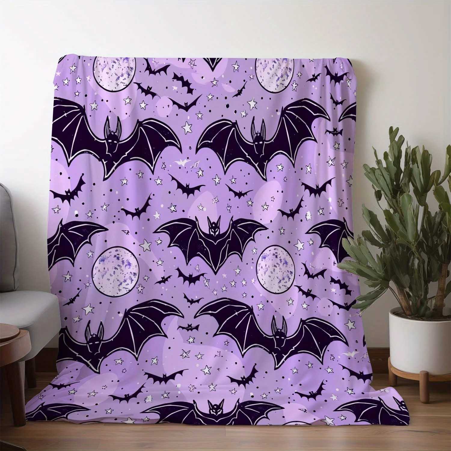 1pc Sdoo Halloween Flannel Blanket - Purple Vampire bats Gothic Print Stars - Soft Warm Throw for Couch Bed Camping Travel C251111