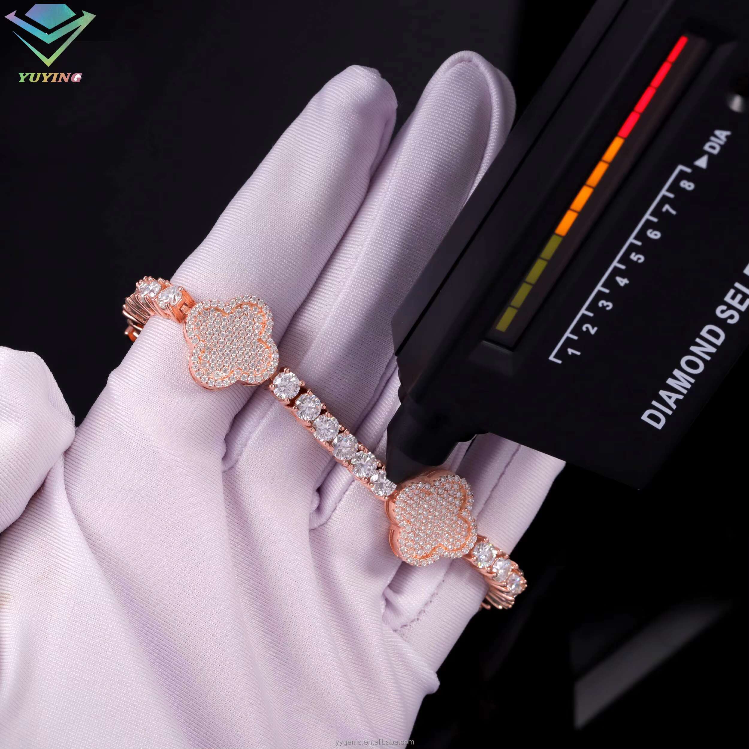 Hip Hop Iced Out Diamond Clover Bracelet 3mm Wide 925 Silver VVS1 Moissanite Tennis Bracelet with GRA Certificate