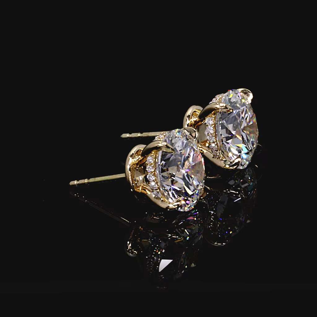 Luxury 4 Prongs Hidden Halo 14K Gold Diamond Earring Stud Fancy Lab Grown Diamond Earrings