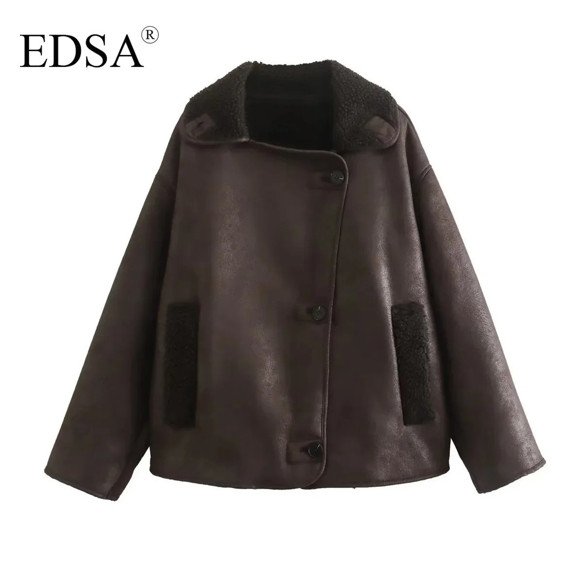 EDSA Woman Thick Faux Leather Jackets for Women Autumn Winter Warm Wool Blends Coats Plush Double-sided Jacket Pocket Jacket 251105