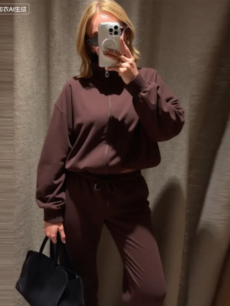 Women Sweatsuit Set Vintag Zipper Bomber Jackets High Waist Loose Pants Suit Female Autumn Fashion Lady Sportswear 2025 251105