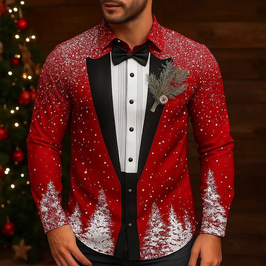 Mens Christmas Snowflake Formal Shirts 3D Printed Tie Design Elegant Tuxedo StyleHoliday Party Wedding AttireSpring Fall Wear K251110