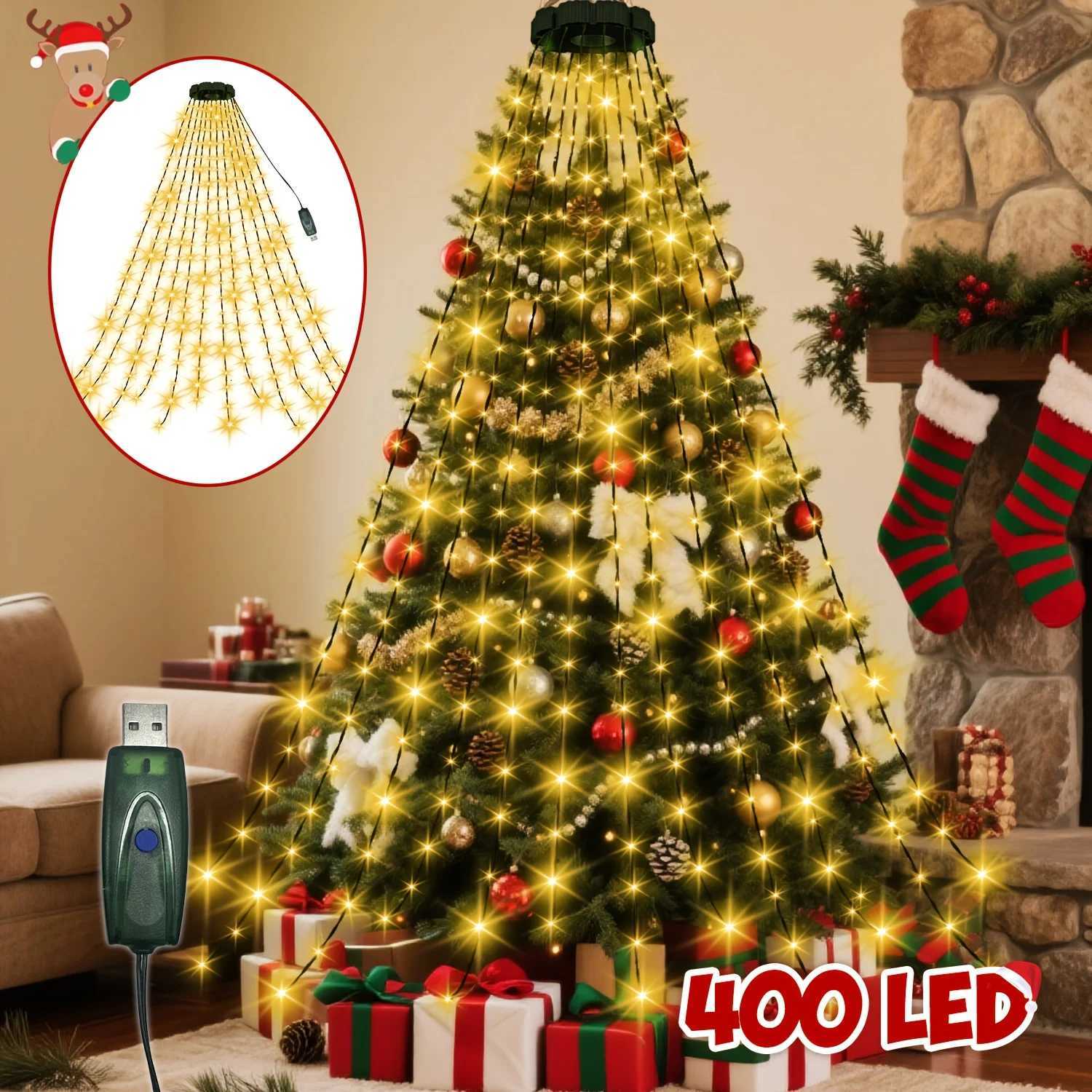 Christmas Christmas Tree Waterfall Lights-400/320High-Brightness LEDsUSBRemote Control8Lighting Modes Indoor/Outdoor Christmas TreeDeco Y251111