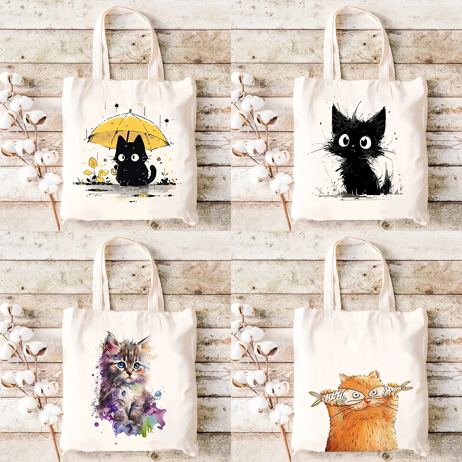 Casual Canvas Tote Bag with Cute Cat Print Reusable Animal Printed Shopper Fixed Shoulder HighCapacity for Shopping 251110