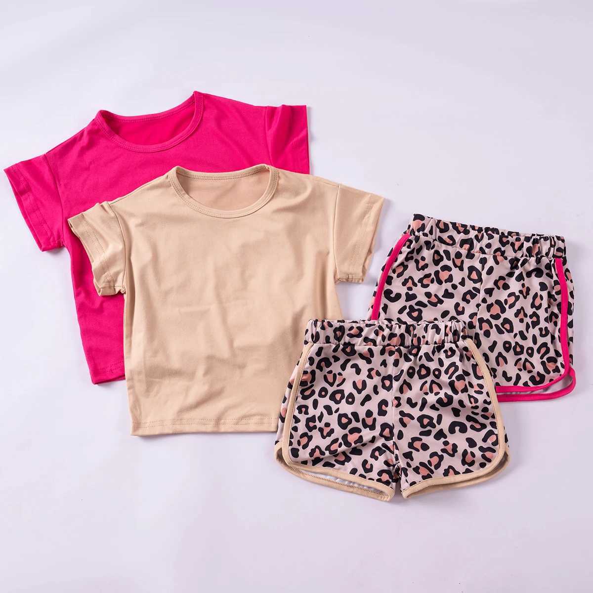 Childrens leopard print set fashionable summer sportswear solid color top+shorts sportswear casual set fashionable daily clothingXJ250410