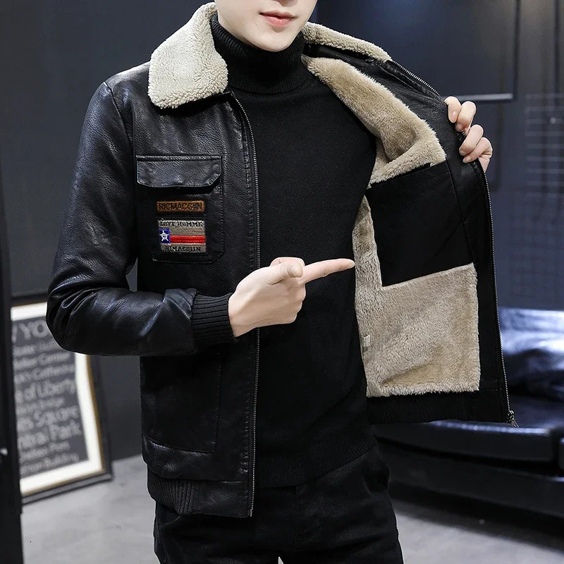 Faux Leather Jacket Men Fashion Badge Patches Male Thicken Pu Jackets Winter Fur Collar Plush Lining Motorcycle Moto Coat Men 251110