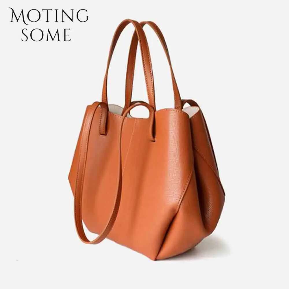 Motingsome Chic French Style Woman Cow Leather Handbag And Purses Oversize Fold Designer Casual Tote 2024 New