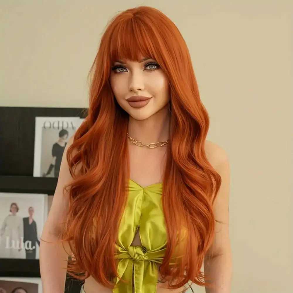 Womens Synthetic Wig with Orange Bangs Large Waves Long Curls Natural Style Daily Wear Halloween Cosplay Full HeadpieceT251111
