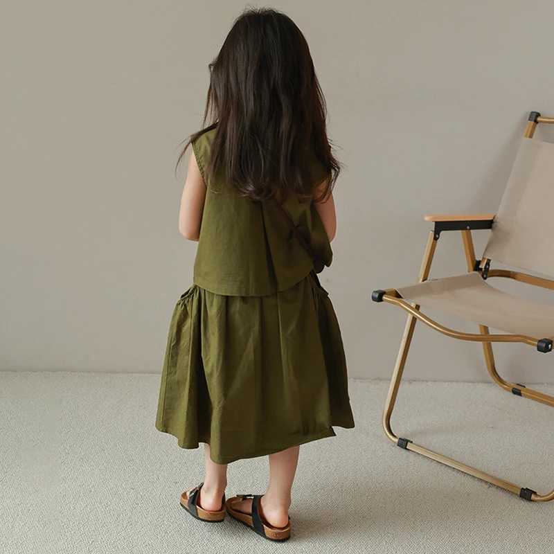 Summer childrens clothing set womens pure cotton Korean style sleeveless dress two-piece set fashionable casual breathable set 3-8YXJ250410