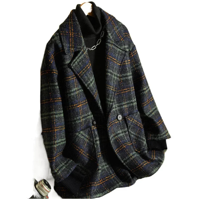 2024 Style Womens Plaid Suit Woolen Jacket Loose Fit Vintage Checked Coat Medium Length Korean Version 251103
