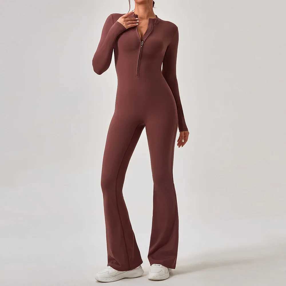 Zipper long sleeved yoga jumpsuit wide leg Flare womens sportswear quick drying gym running set one-piece sportswearW250411