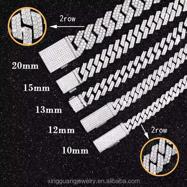Wholesale Price in Stock Moissanite Cuban Chain 2rows 15mm S925 Silver VVS Moissanite Iced Out Cuban Link Chain Necklace