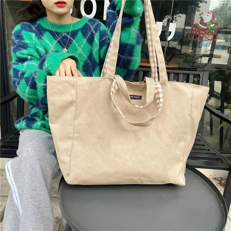 Women Canvas Shoulder Bags Plaid Double-side Large Capacity Handbags Female Shopping Portable Lazy All-match Foldable Tote Bag 251110