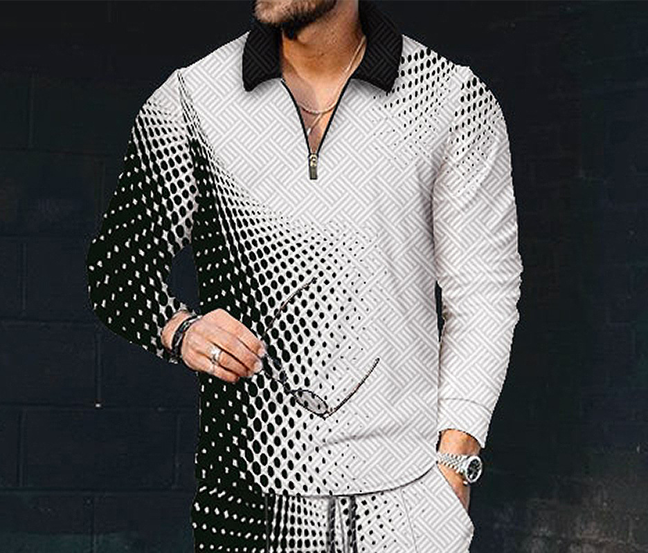 New mens printed polo shirt lapel long sleeve pullover casual mens T-shirt