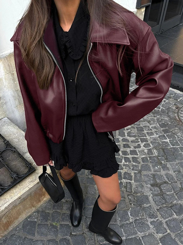 2025 Fashion PU Leater Loose Jacket Women Autumn Lapel Zipper Long Sleeve Outerwears Streetwear Burgundy Female Bomber Coats 251103