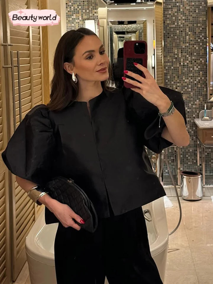 Women Green Satin Puff Short Sleeve Blouses Fashion Chic O-neck Single Breasted Shirts 2025 Summer Chic Female High Street Tops 250409