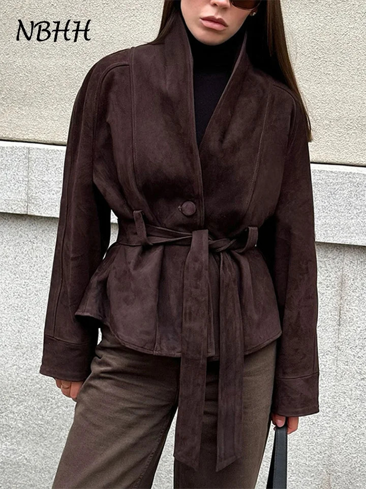 Autumn Belt Suede Jackets Women Lapel Long Sleeve One Button Lace Up Jacket Vintage Brown Loose Lady Outerwears Street 251106