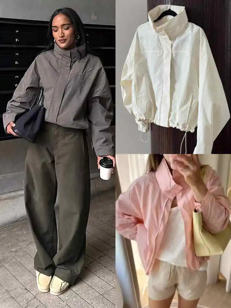 Womens Jacket Coat Stand-Up Collar Drawstring Cinch Waist Hem Zipper Pocket Solid Female Jacket Casual Autumn Coat For Ladies 251105