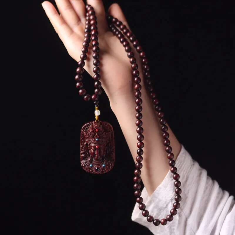 UMQ Small Leaf Rosewood Mother Necklace Bracelet Red Sandalwood Double-Sided Carved Inlaid Guanyin Heart Sutra Men'S And Women'S