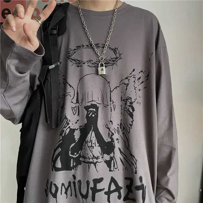 Mens autumn T-shirt Y2k streetwear oversized long sleeved anime T-shirt Harajuku Gothic retro graphic manga T-shirt M250411
