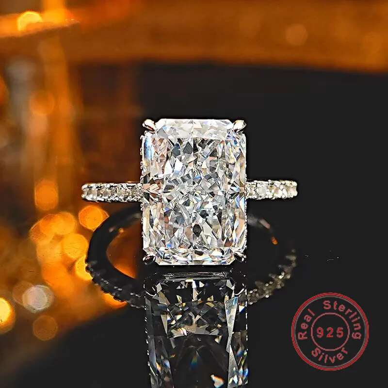 Rulalei Soild 100% S925 Sterling Silver Ins Top Sell Sparkling Radiant Square White Moissanite Diamond Women Wedding Ring Gift
