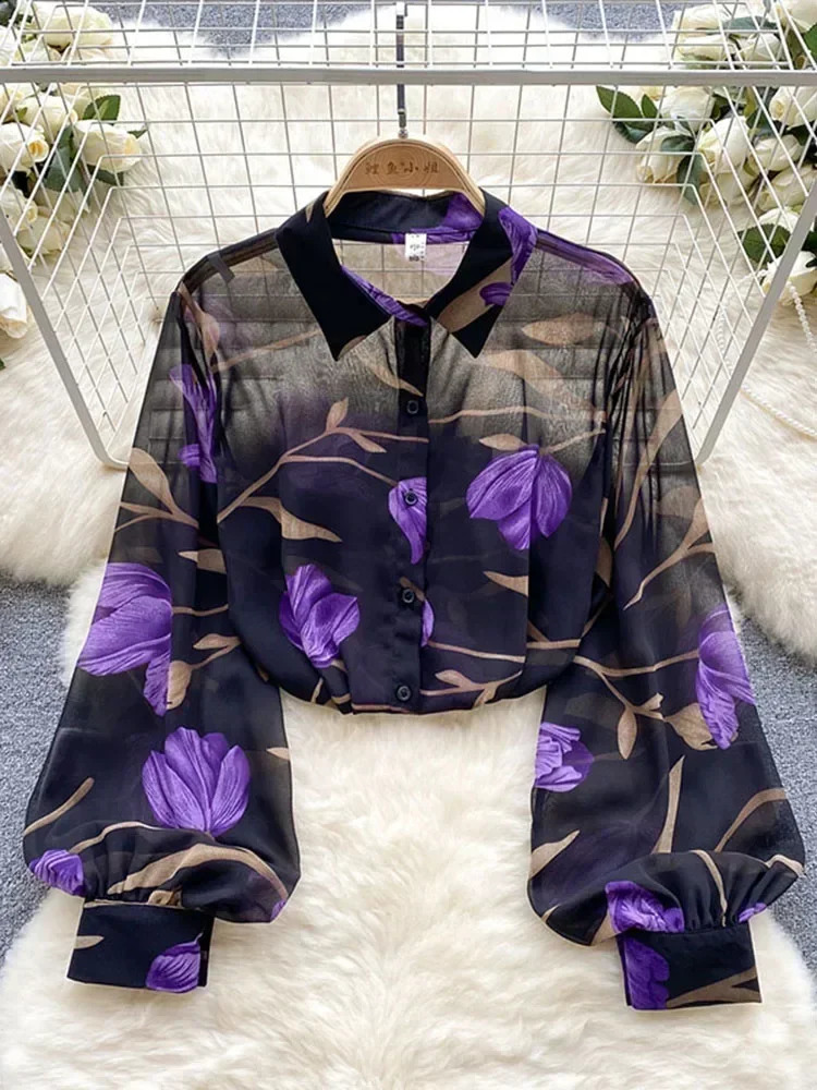 Spring Autumn Temperament Fashion Retro Chiffon Floral Blouses Print Loose Lapel Puff Sleeve Top Button Up Shirt Female GD611 250409