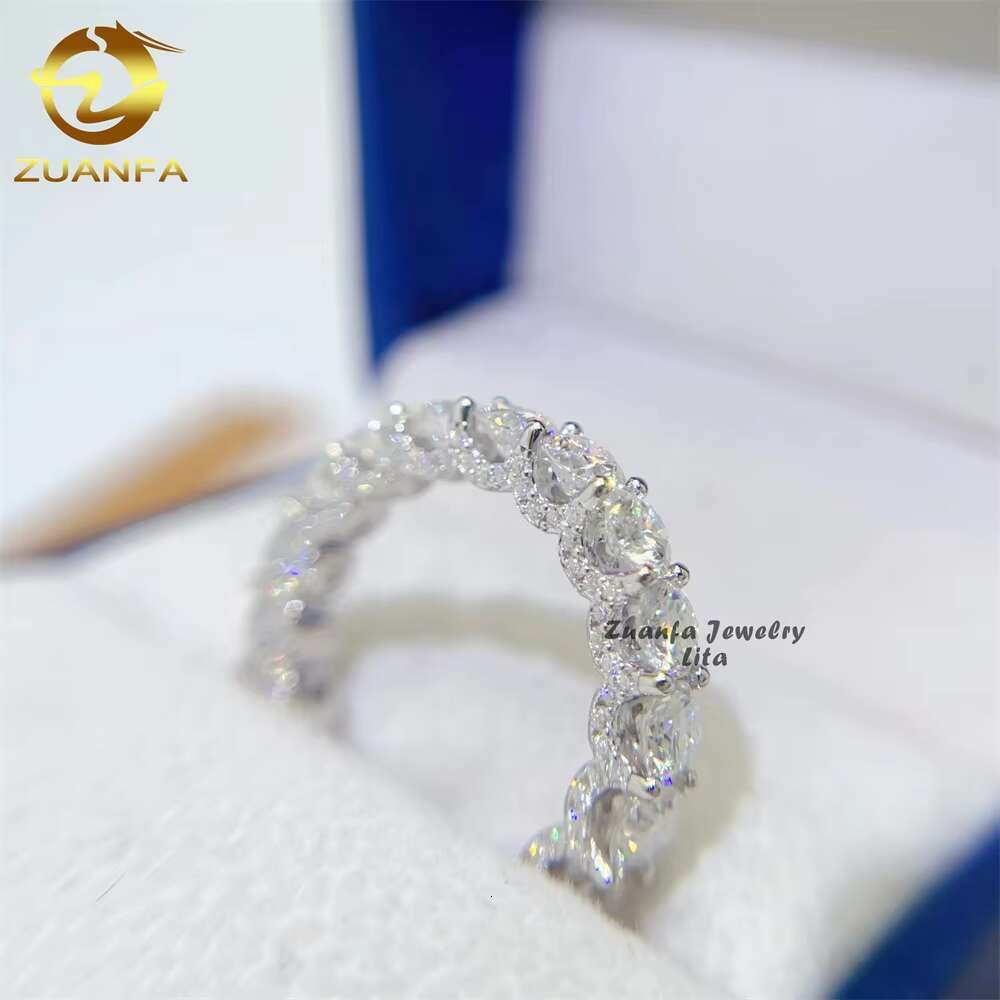 New Arrivals Iced Round 4.0mm Engagement Wedding 925 Silver Eternity Band Moissanite Diamond Ring