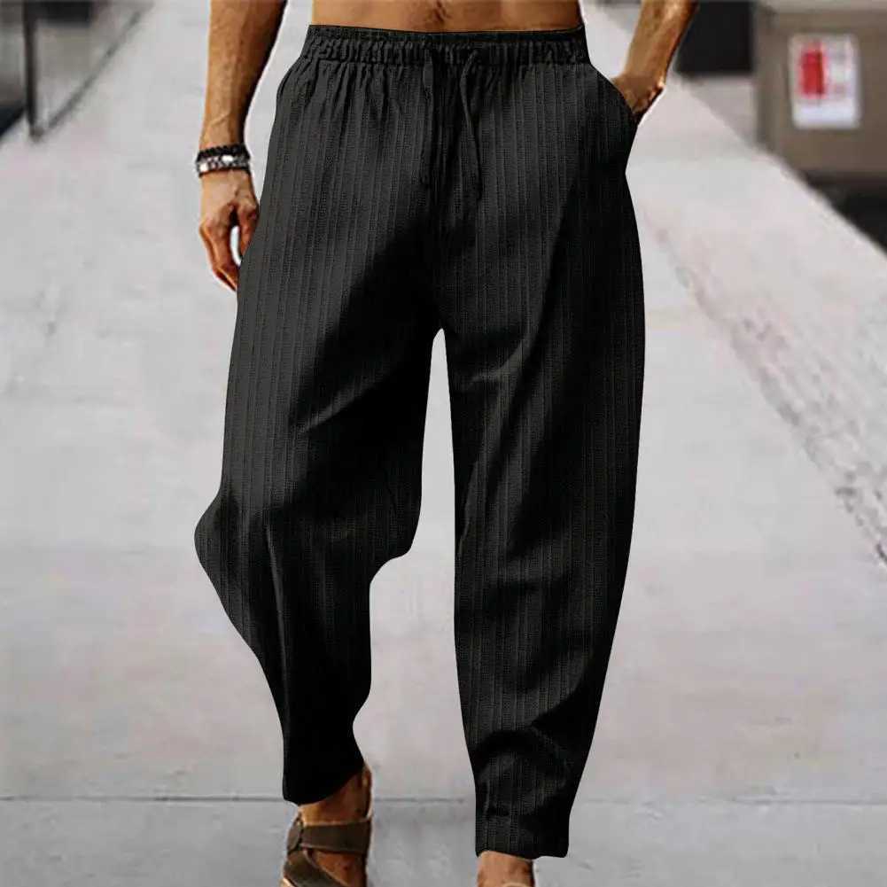 Mens solid color brushed elastic waist leggings wide leg stripes deep crotch loose soft breathable sports pantsXJ250410