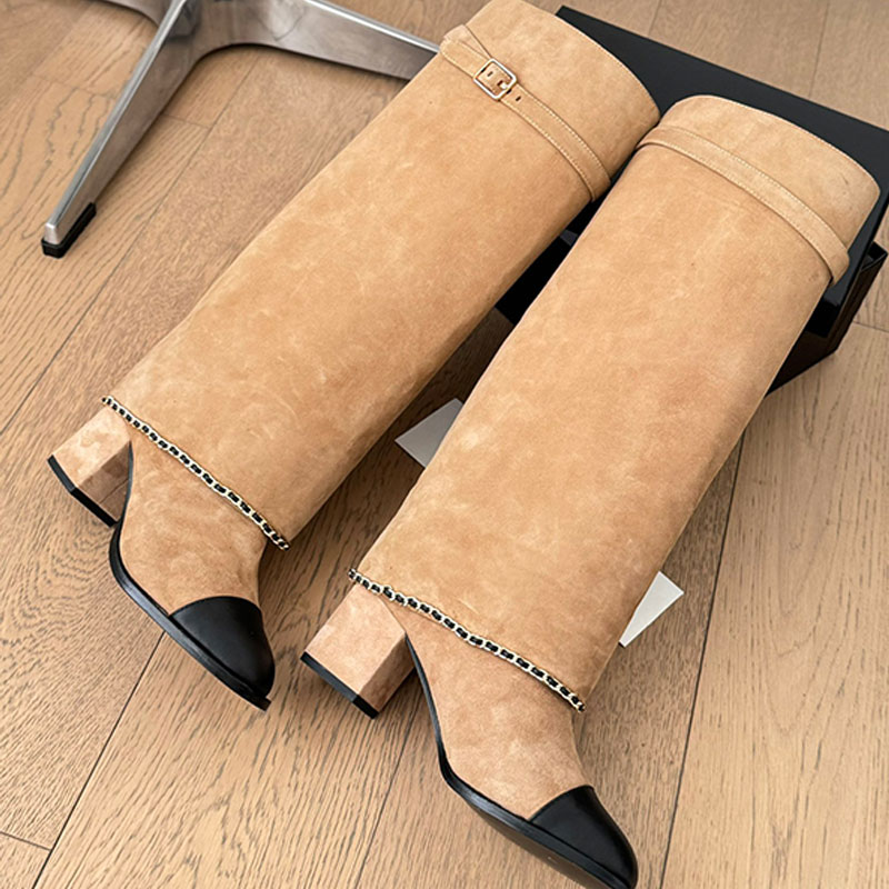 Suede pant boots designer heels straight knee high boots designer womens boots 25ss new women winter boots metal chain shark boots ankle boot top mirror quality 35-41