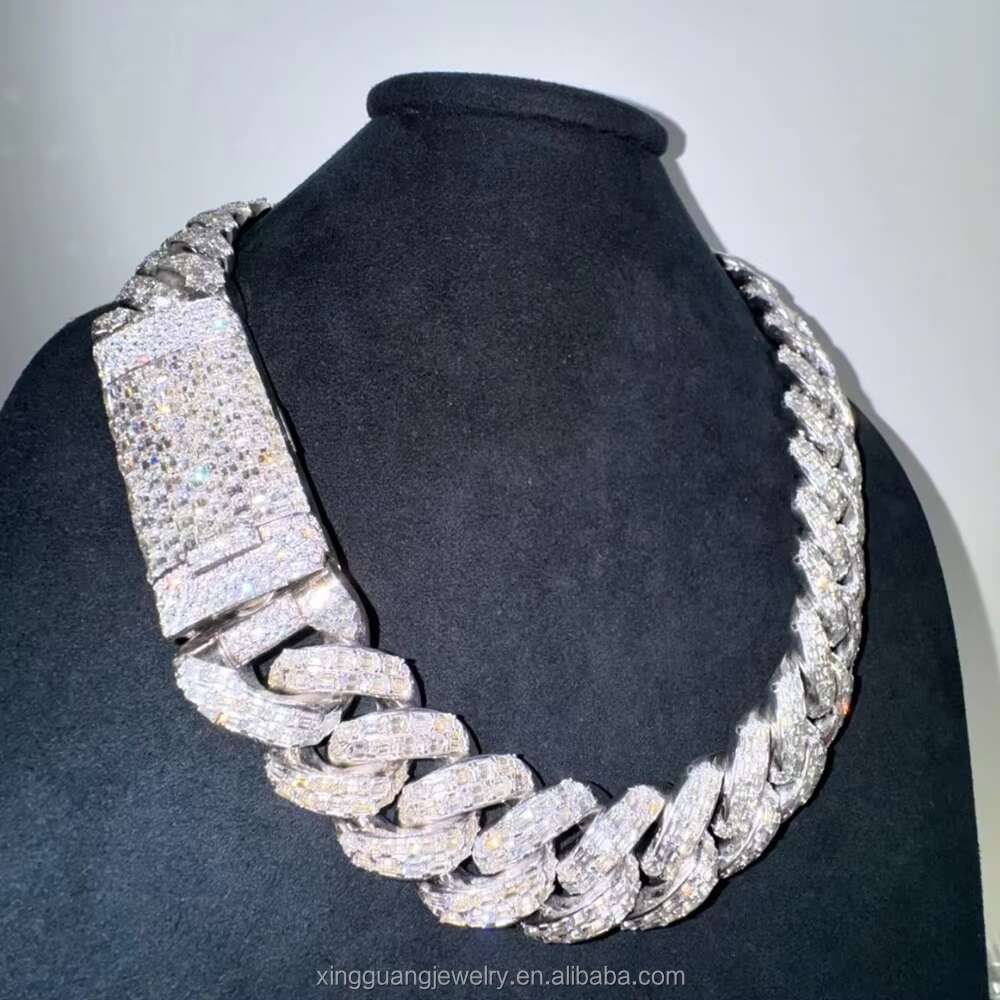 Custom Men Cuban Chain Full Emerald Cut VVS Moissanite White Gold S925 Silver Cuban Link Chain Necklace Hip Hop Jewelry