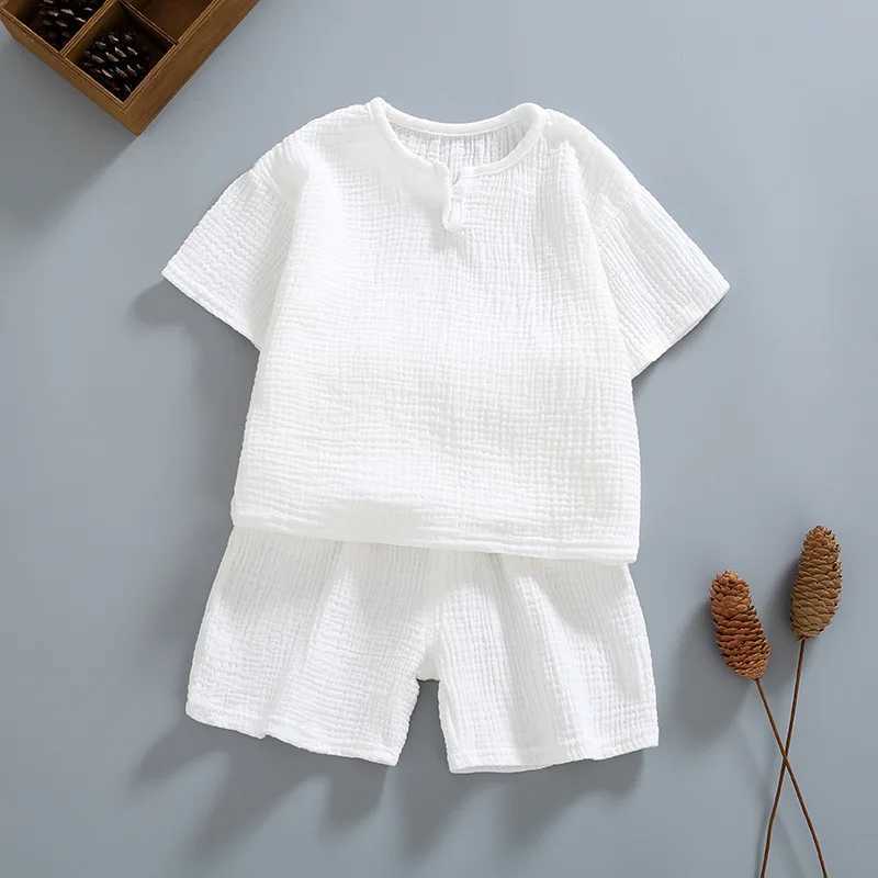 Summer Clothing Sets Organic Double Gauze Cotton Home Wear Kids Clothes Summer Kids Pajama Short Sleeve Shorts Suit WhiteXJ250410