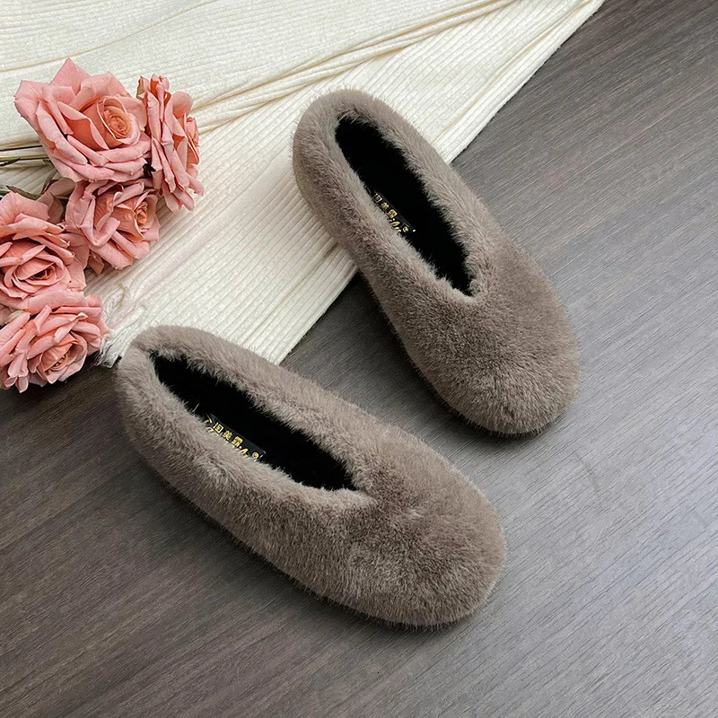 Leopard Mink Fur Flats Women Shallow V-Open Flats Ladies Winter Furry Shoes Slip On Loafers Female Cold Proof Mocasines Mujer 251110