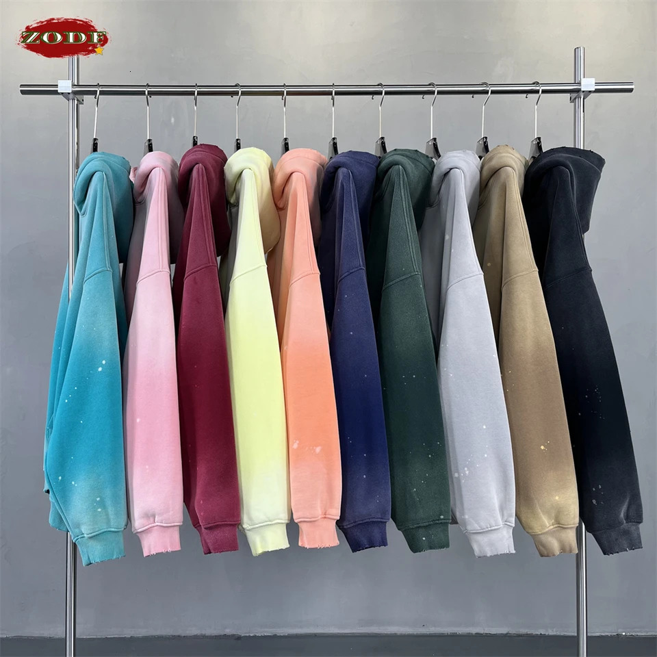 ZODF Trendy Men Washed 360gsm Fleece Hoodies Unisex Oversized Warm Paint Distressed Hooded Pullovers Winter Coat HY0947 251110