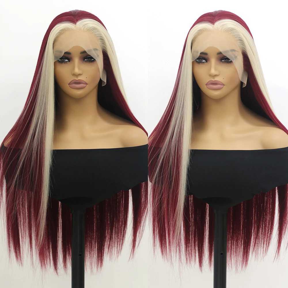 13x4 Red Lace Front Wig Red and Blonde Streak Long Straight Smooth Silky for Women Wig Cap Synthetic Fiber Glueless Hair WigsT251111