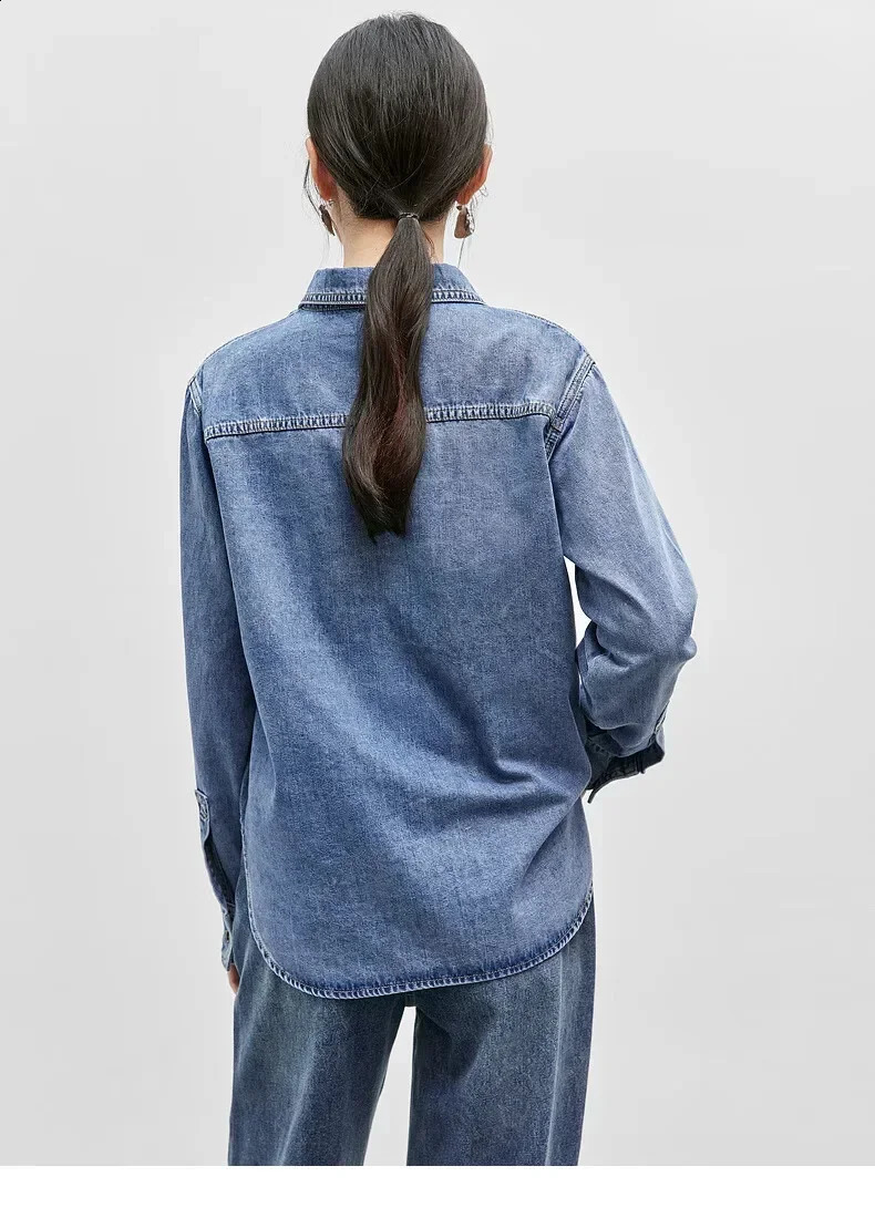 SENTUBILA Retro Cotton Denim Womens Shirt Spring 2025 Wash Collar Single Chest Comfortable Casual W43C56147 250411e