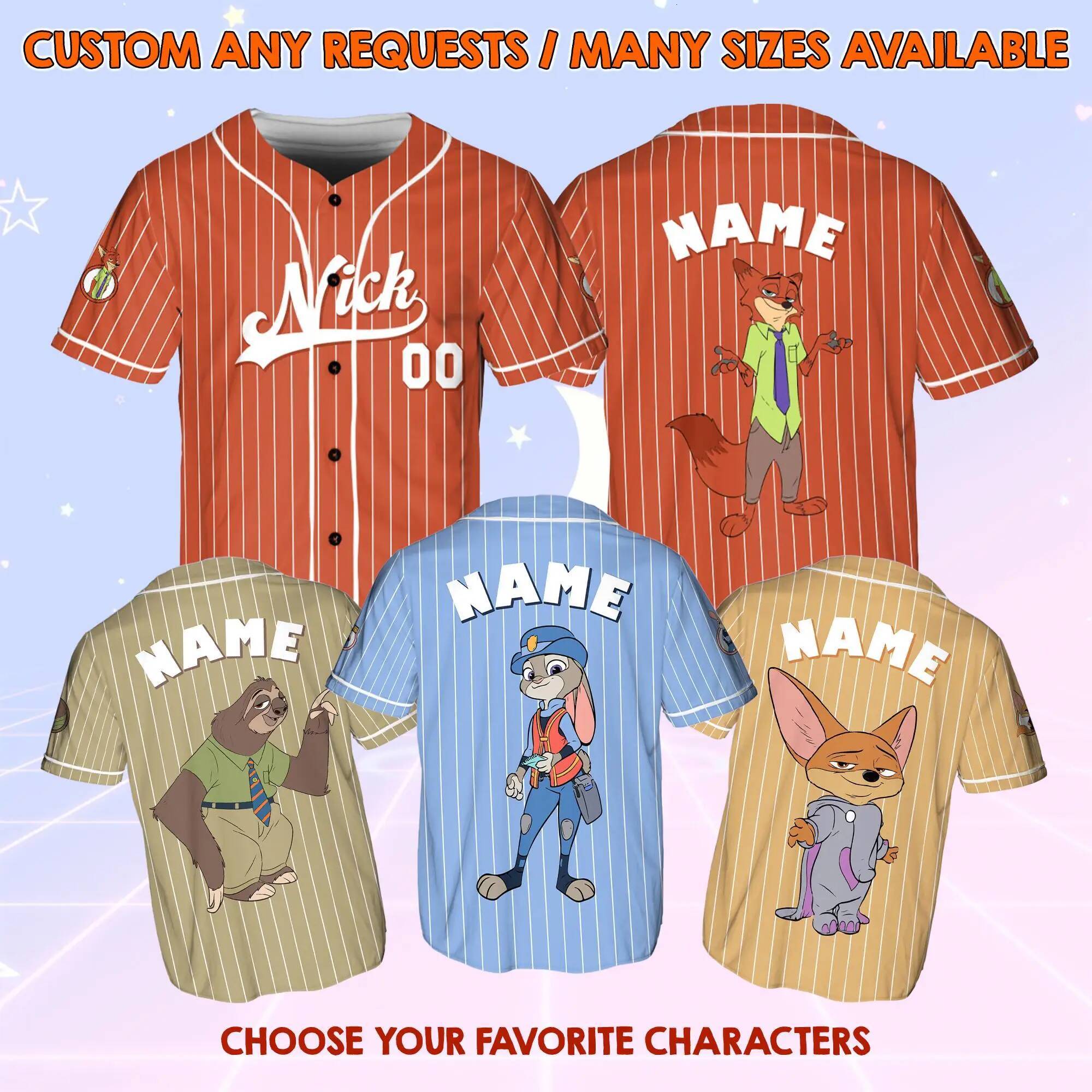 Baseball Disney Matching Shirts Personalized Character Zootopia Movie Jerseys